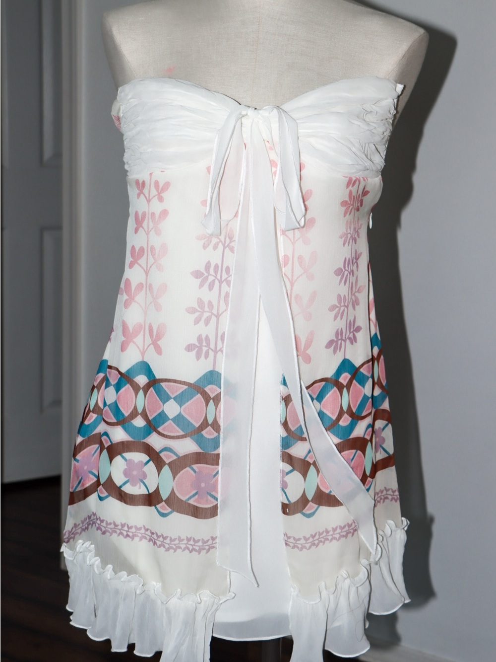 White Strapless Tie-Front Printed Mini Dress